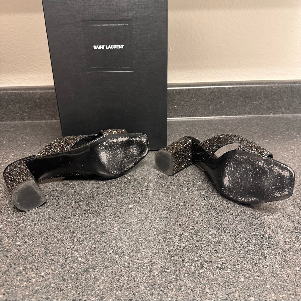 Saint Laurent Black and Gold Glitter Crisscross Block Heel Mules - Picture 5 of 13